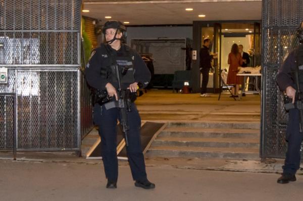 Police presence is seen at the Tribeca Synagogue on White Street in Manhattan during the Jewish holiday of Sinchat Torah.