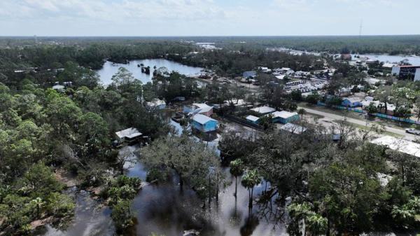 A drone view shows a flooded and damaged area, following Hurricane Helene in Steinhatchee, Florida, U.S., September 27, 2024. REUTERS/Marco Bello