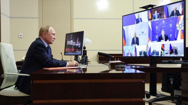 Russian President Vladimir Putin chairs a meeting with members of the Security Council via a video link at the Novo-Ogaryovo state residence outside Moscow, Russia September 13, 2024. Sputnik/Alexander Kazakov/Pool via REUTERS ATTENTION EDITORS - THIS IMAGE WAS PROVIDED BY A THIRD PARTY.